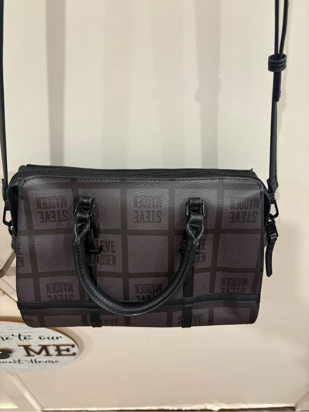 Steve Madden Black and Gray Logo Grid Satchel